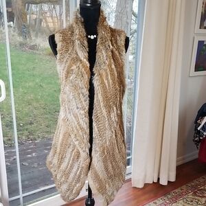 BAGATELLE Rabbit Fur Open Front Vest Tan/Grey Small